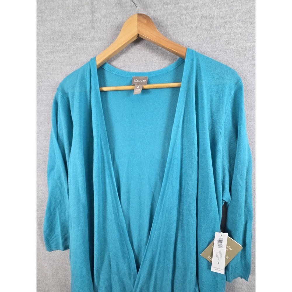Chicos 4 Womens 2XL Yelena Knit Open Front Cardigan Blue Grass Convertible NEW